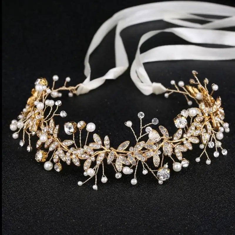 New Crystal Rhinestone Flower Headband, Ribbon Bow Hairband for Bride, Wedding Hair Accessories, Pearl Head Flower Headbands, Women Headwear