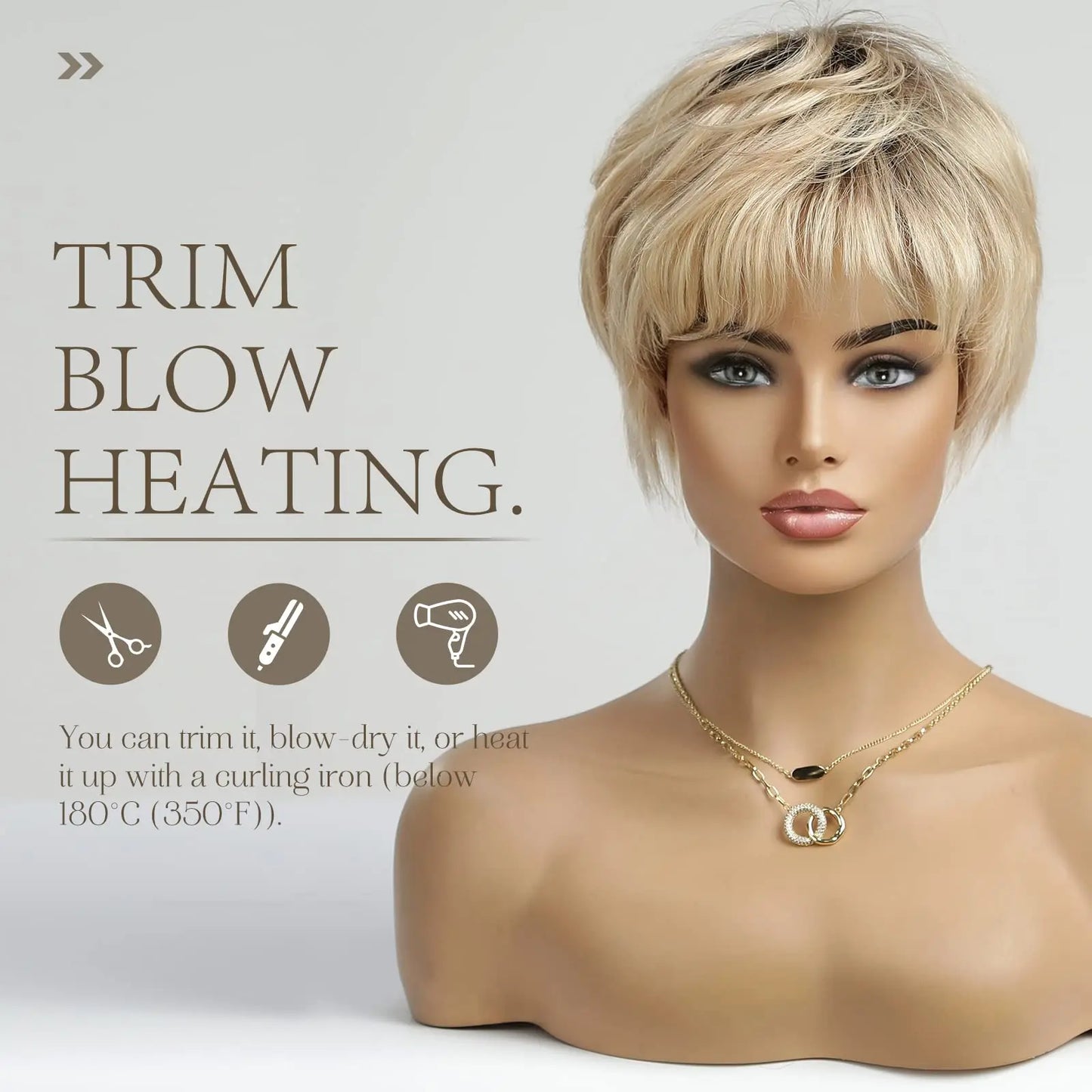 100% Remy Human Hair Wigs, Ombre Blonde Short Bob Pixie Cut Machine Made Wig with Bangs, Human Hair Natural Layered Wigs for Women