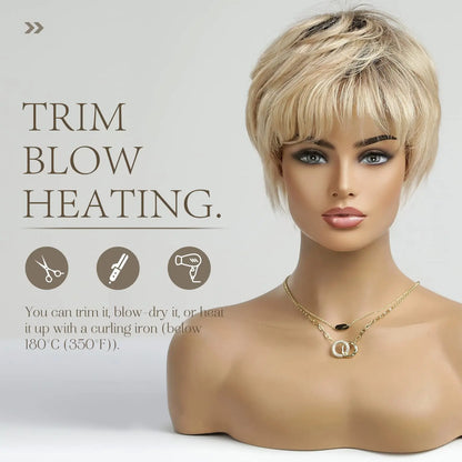 100% Remy Human Hair Wigs, Ombre Blonde Short Bob Pixie Cut Machine Made Wig with Bangs, Human Hair Natural Layered Wigs for Women