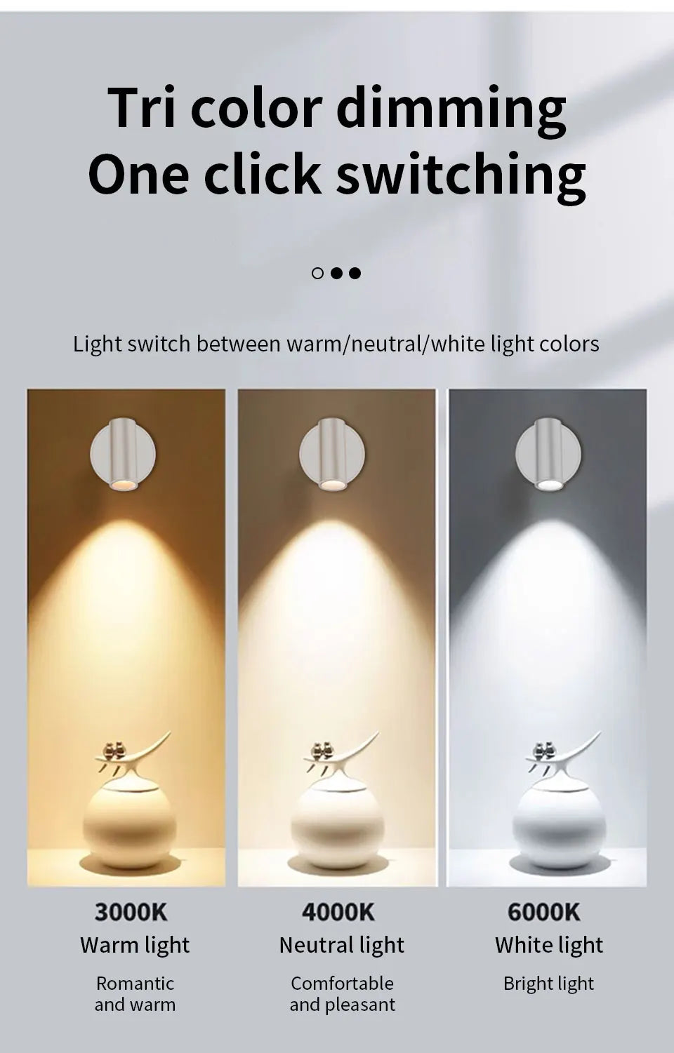 Magnetic Base USB Rechargeable LED Cordless Wall Light Touch, Switch Black White Gold Silvery Dimmable Bedside Lamp For Reading, LED Light