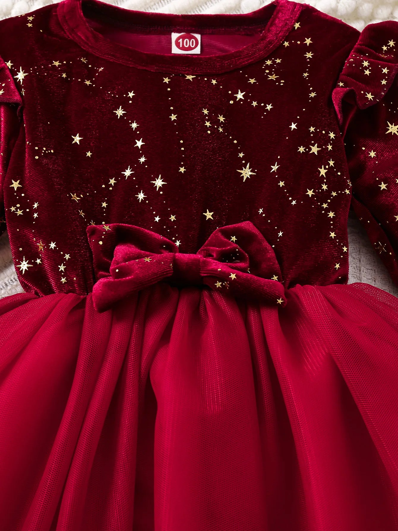 Girl's Autumn Winter Velvet Long-Sleeved Mesh Bow Princess Dress - New Year Children's Party Festive Dress