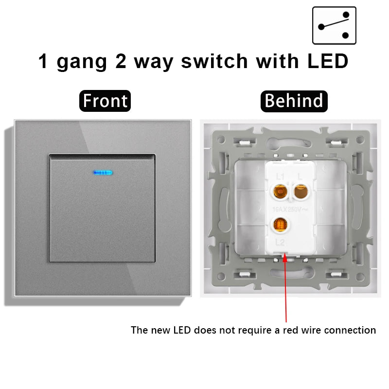 novski Crystal Tempered Glass Panel 1 Gang 1way, 1 Gang 2way, 2 Gang 1way, 2 Gang 2way, Wall Switch with LED Indicator 16A 250V