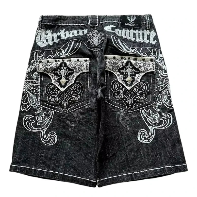 Y2K New American Fashion Pattern Letter Embroidery Baggy Denim Shorts Women Street Vintage Hip Hop Casual Shorts Women Clothing