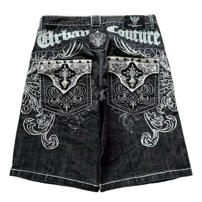 Y2K New American Fashion Pattern Letter Embroidery Baggy Denim Shorts Women Street Vintage Hip Hop Casual Shorts Women Clothing