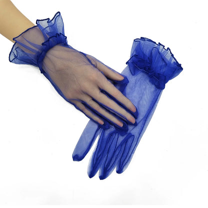 Retro Spring Summer Women Short Tulle Gloves White Black Wedding Gloves Stretchy Lace Full Finger Mittens Mesh Translucent Glove