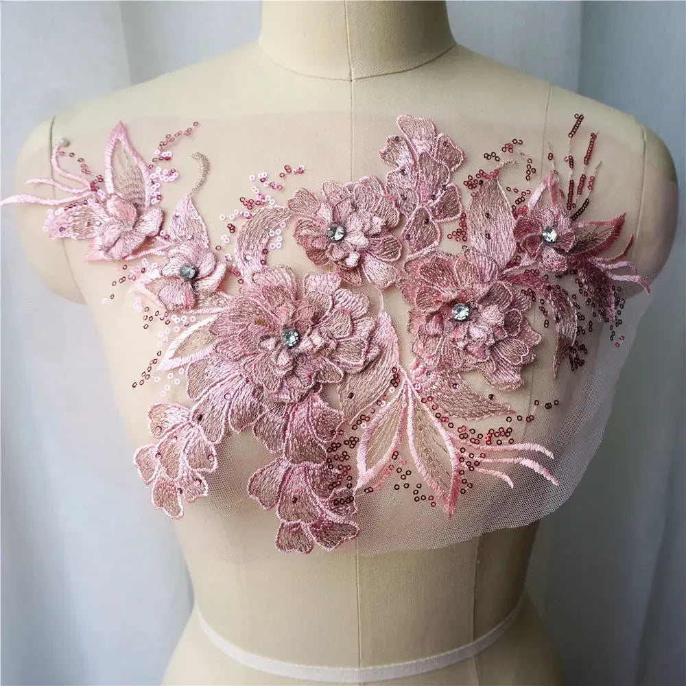 Grey Blue Red 3D Flower Leaf Lace Fabric Sequin Rhinestone Embroidered Gown Appliques Collar Mesh Sew Patch For Wedding Decor