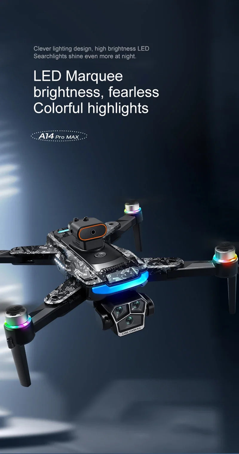 Drone A14Pro Max 8K HD Three Camera Brushless Optical Flow Obstacle Avoidance Foldable Quadcopter UAV 4.5-inch Large Screen Toys