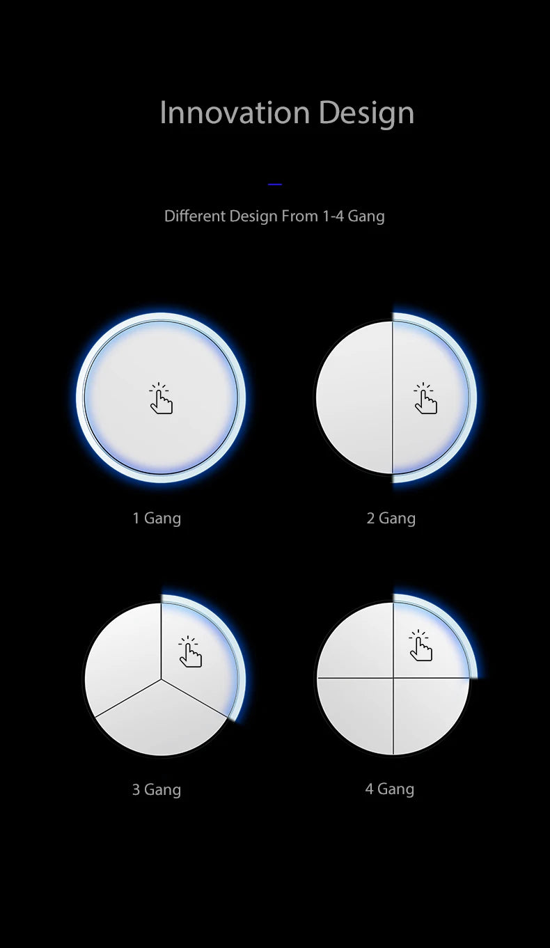 Wallpad Wall Switch 1 Way 2 Way, Circle Round Button, Blue LED Indicator, Brushed Aluminum Finishing, Black Gold SIlver Brown