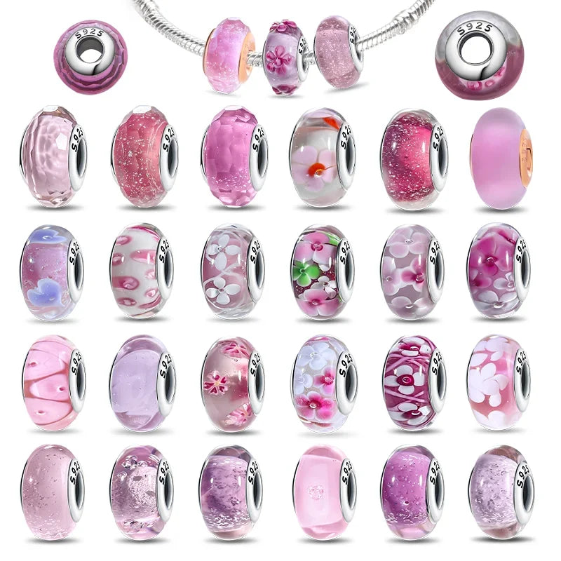 925 Sterling Silver Pink Color Series Beads Heart Flower Murano Glass DIY Jewelry Charms Fit Original Bracelet for Women Fine Gifts