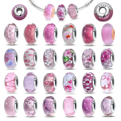 925 Sterling Silver Pink Color Series Beads Heart Flower Murano Glass DIY Jewelry Charms Fit Original Bracelet for Women Fine Gifts