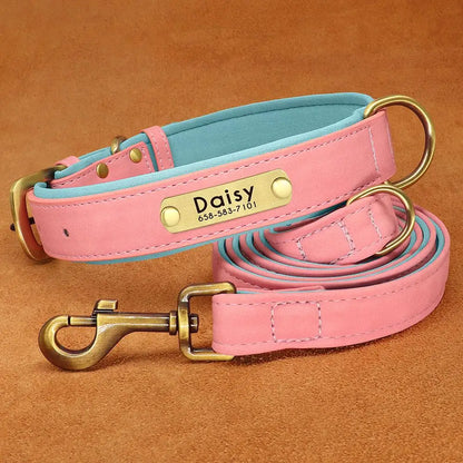 Customized Leather Dog Collar Leash Set, Soft Padded Leather Collar For Small Medium Large Dogs With Free Engraved Nameplate