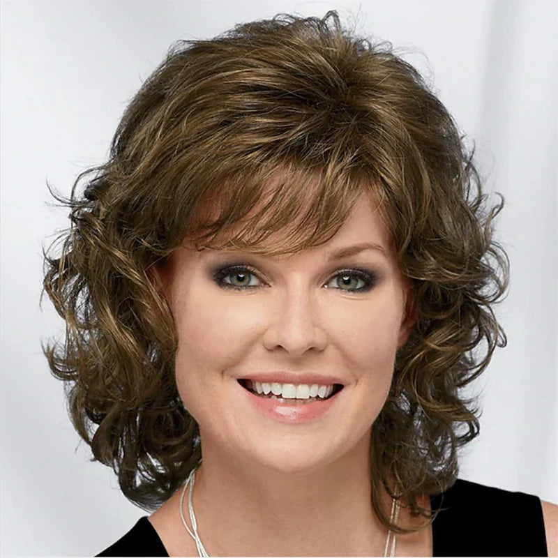 Women Synthetic Hair Wigs, Short Curly with Bangs, Shoulder Length  Blonde Grey White Brown Wig, HAIRJOY