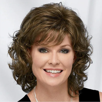 Women Synthetic Hair Wigs, Short Curly with Bangs, Shoulder Length  Blonde Grey White Brown Wig, HAIRJOY