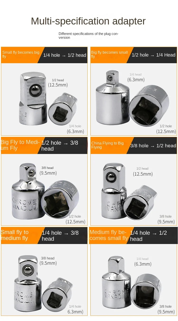 Socket Adapter Ratchet Wrench Adapter 1/2 Large Flywheel 3/8 Medium Flywheel 1/4 Small Flywheel CR-V Chrome Vanadium Steel Set