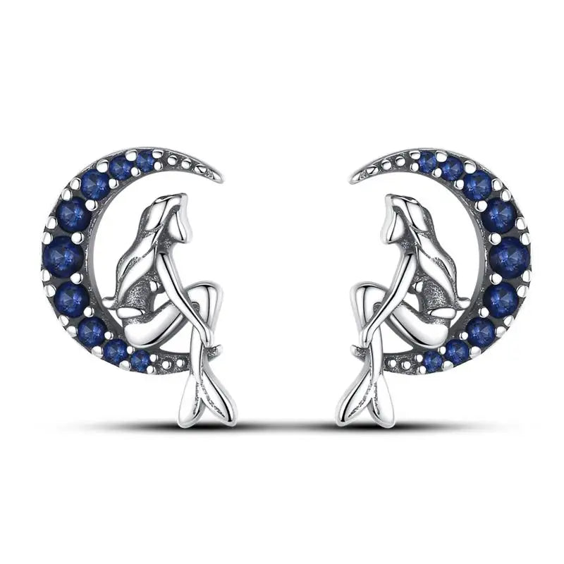 925 Sterling Silver Moon Universe Starry Sky Series Charm Earrings Women Blue Shiny Zircon Daily Wear Jewelry