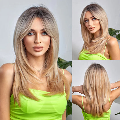 CharmSource Blonde Long Hair Natural Straight Wig, Synthetic Wigs  for Women Daily Party High Density