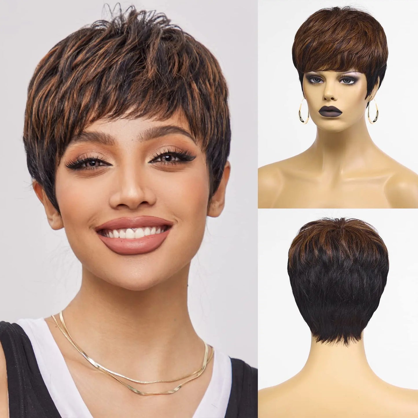 100% Remy Human Hair Wigs, Ombre Blonde Short Bob Pixie Cut Machine Made Wig with Bangs, Human Hair Natural Layered Wigs for Women