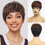 100% Remy Human Hair Wigs, Ombre Blonde Short Bob Pixie Cut Machine Made Wig with Bangs, Human Hair Natural Layered Wigs for Women