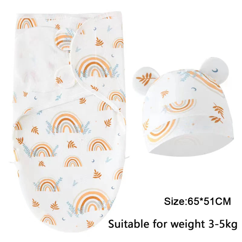 Baby Blanket Hat Set, Cartoon Printed Cotton Newborn Swaddle, Adjustable Infant Sleeping Swaddle Wraps, All Seasons, 0-6 Months