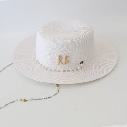 New Women Summer Hats, Straw Sun Hat, Panama Elegant Straw Fedoras Lady Girl Outdoor Vacation with Pearl Chain Sunshade Beach Hat