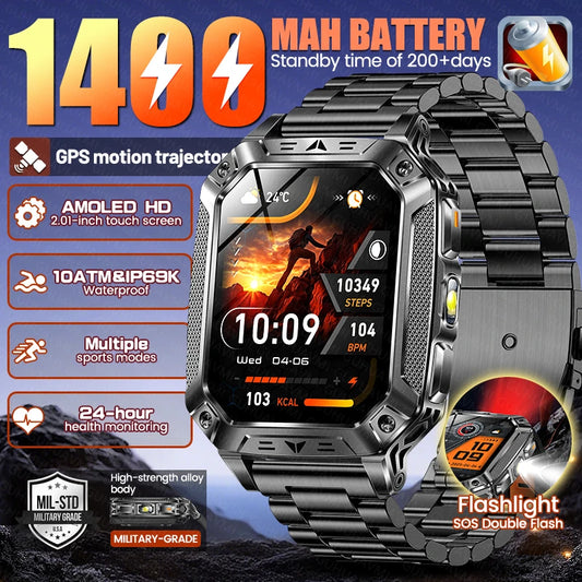 2026 New Built-in 1400mAh Super Large Battery Men's Smartwatch Outdoor GPS 2.01" AMOLED Screen 10ATM Waterproof BT Call Smartwatch