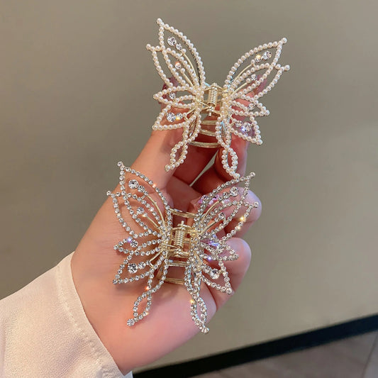 1pc Medium Hair Claw Clip, Non-Slip Hair Clamp, Butterfly Style Rhinestone Pearl Decor Barrettes For Thin Thick Hair