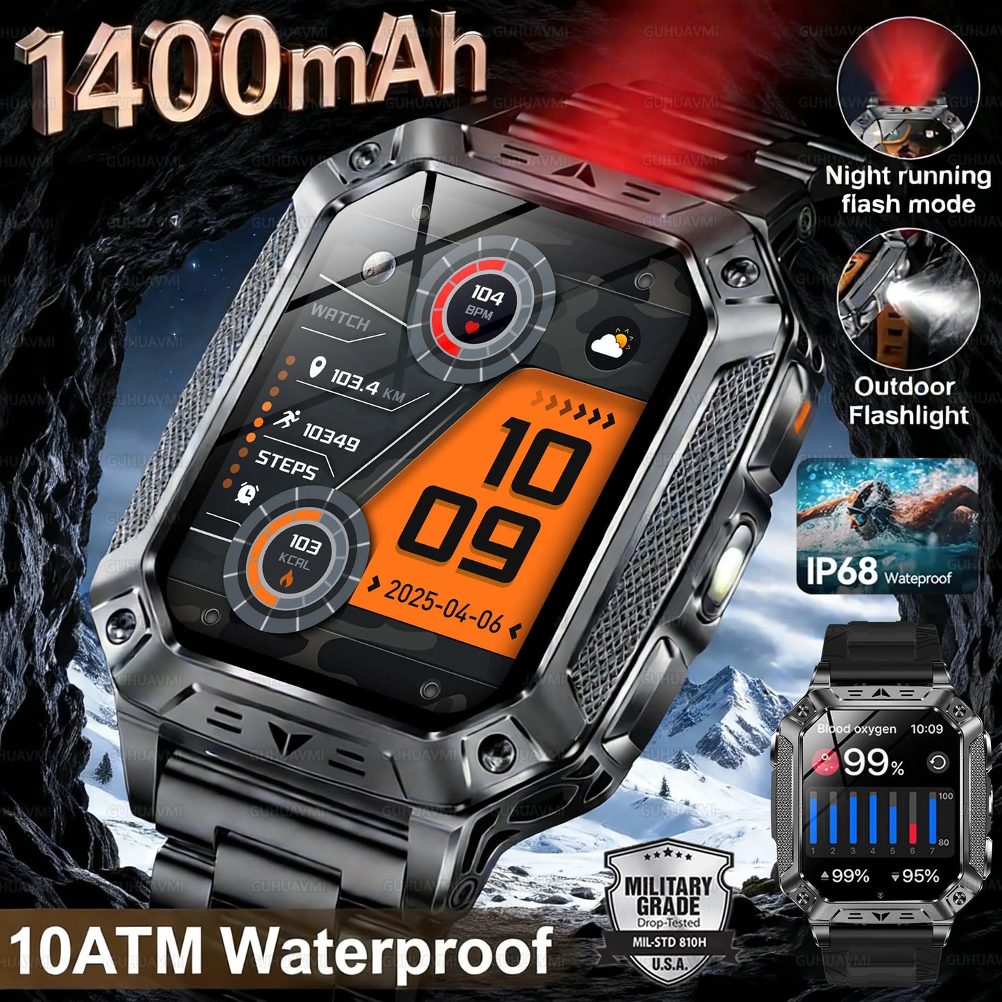2026 New Military 1400mAh Battery Smart Watch LED Flashlight 10ATM Waterproof Heart Rate Voice Call Men 120+Sports Smart watchs