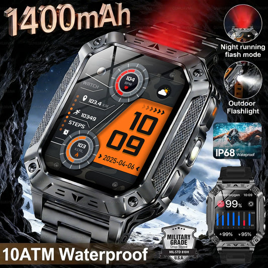 2026 New Military 1400mAh Battery Smartwatch LED Flashlight 10ATM Waterproof Heart Rate Voice Call Men 120+ Sports Smartwatches
