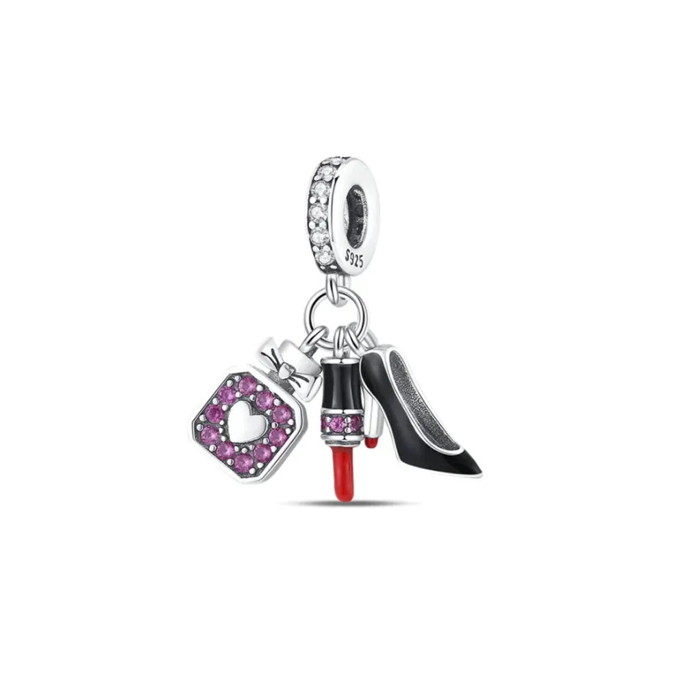 Pink Bead Bag Perfume Lipstick high heels Pendant fit Original Bracelet Accessories DIY Jewelry Women 925Silver Gift Trunk Charm