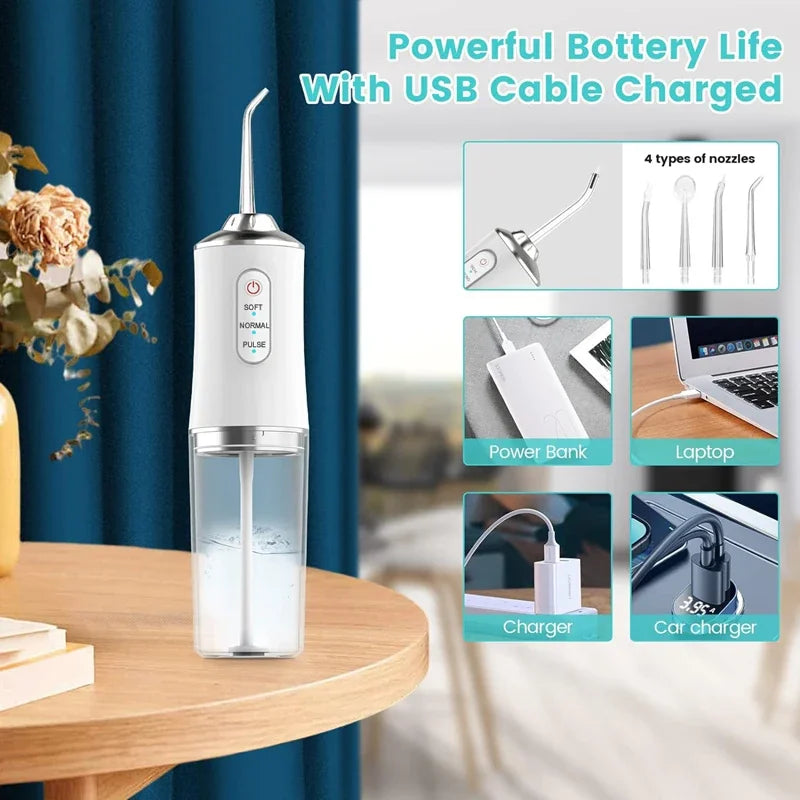 Oral Irrigator, Portable Dental Water Flosser, USB Rechargeable Water Jet Floss, Tooth Pick 4 Jet Tip 220ml 3 Modes