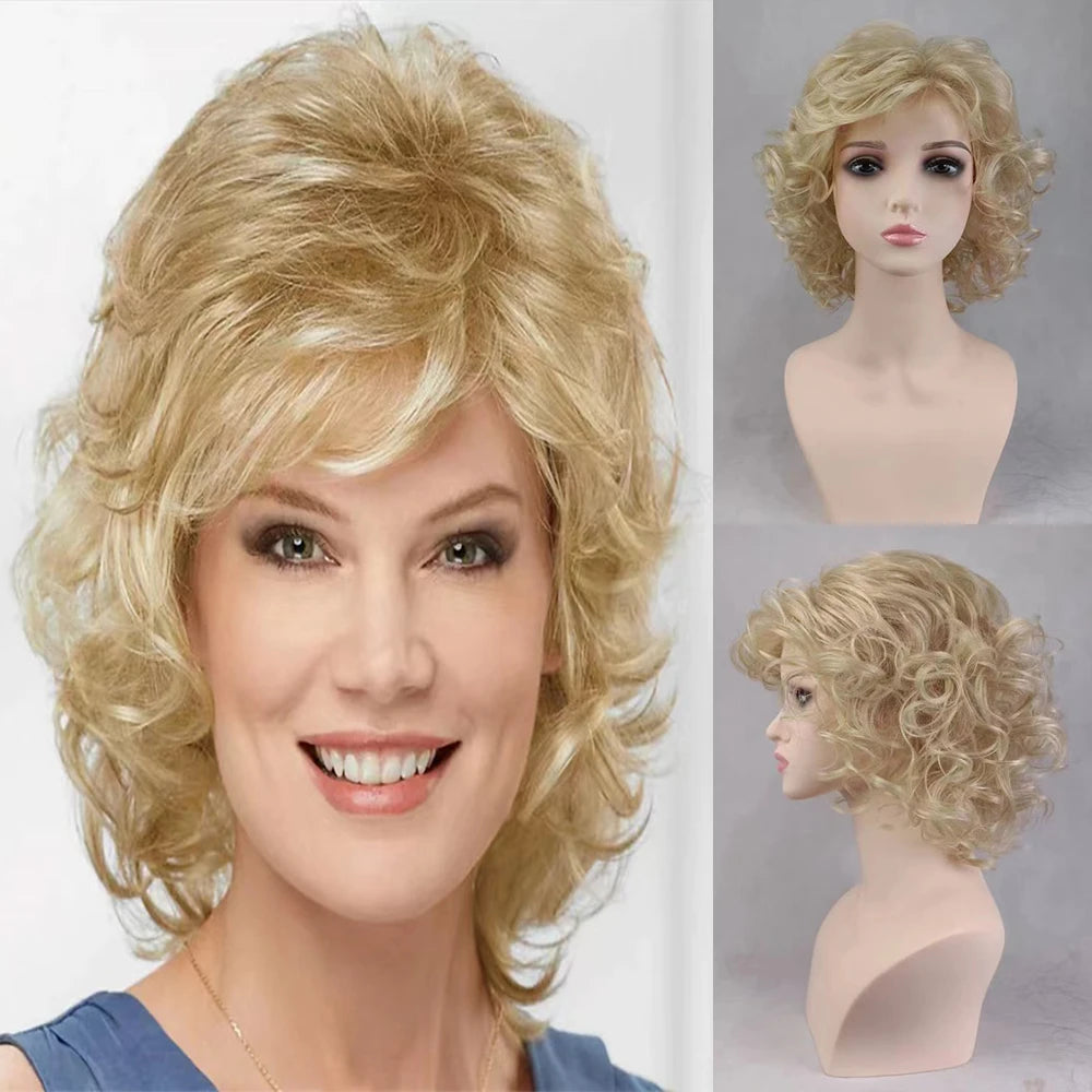 Women Synthetic Hair Wigs, Short Curly with Bangs, Shoulder Length  Blonde Grey White Brown Wig, HAIRJOY