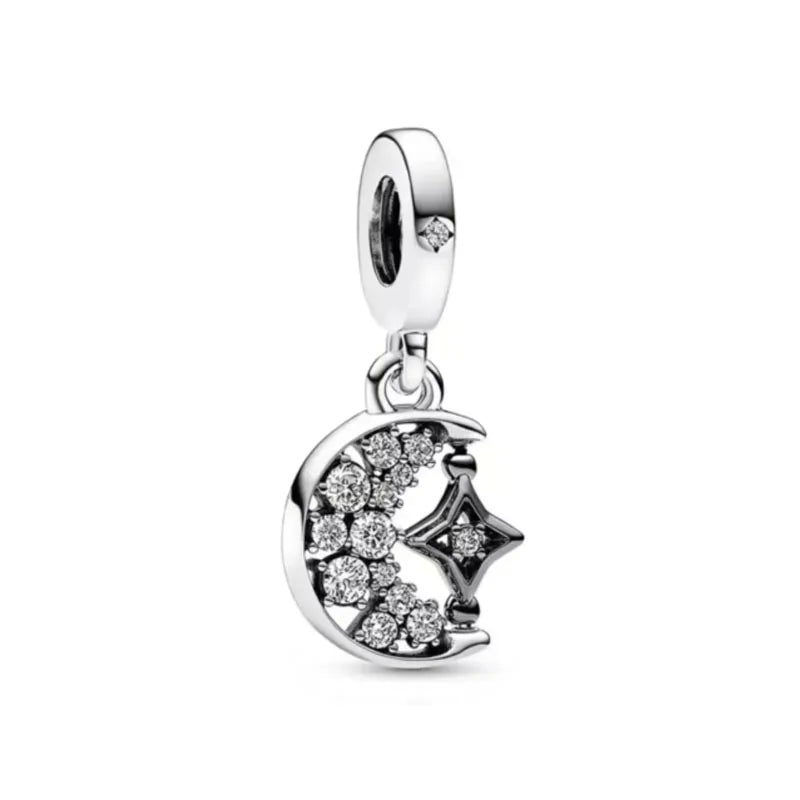 Blue Sparkling Zircon Star Moon Series Charms Beads Fit Original Bracelet Women DIY Pendant Accessories Jewelry 925 Silver Gifts
