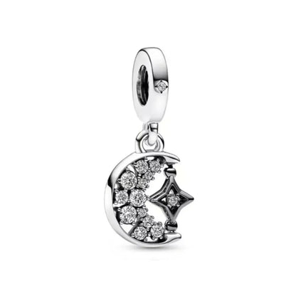 Blue Sparkling Zircon Star Moon Series Charms Beads Fit Original Bracelet Women DIY Pendant Accessories Jewelry 925 Silver Gifts