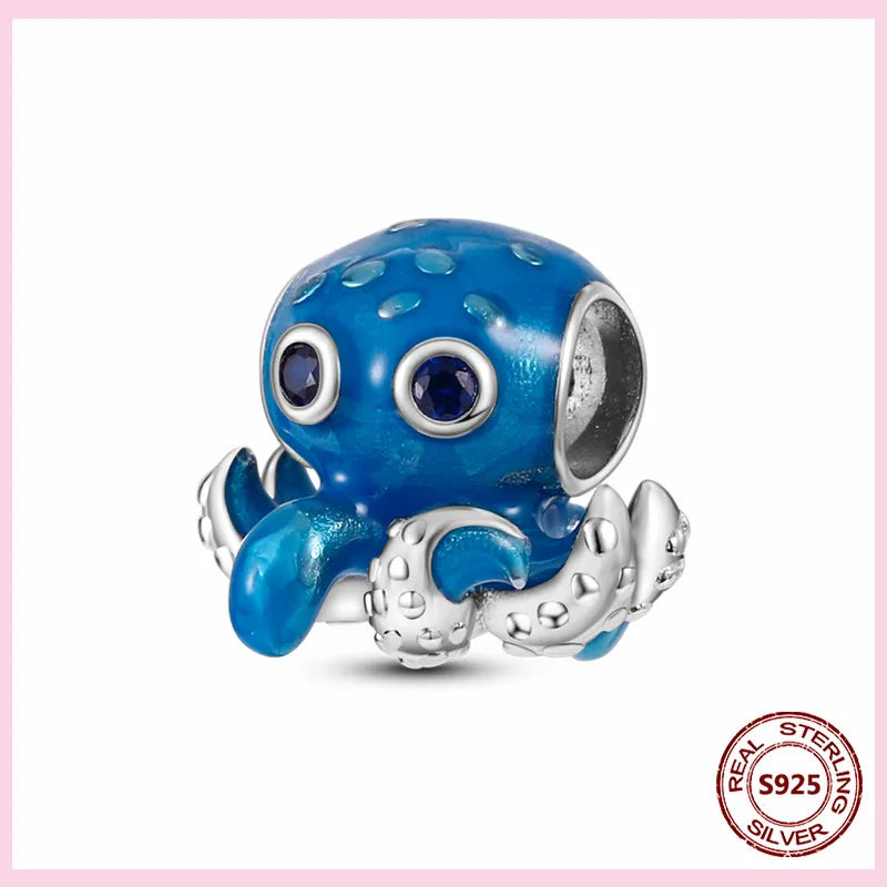 PAMELA 925 Sterling Silver Sea Turtle Starfish Blue Charm Dolphin Octopus Shell Bead For Original Charms Bracelets Ocean Jewelry