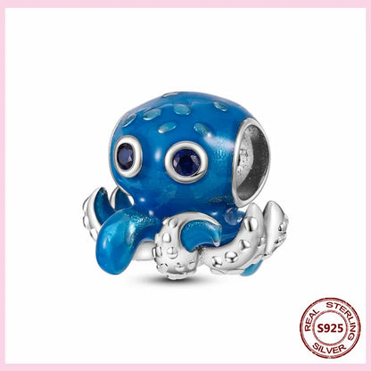 PAMELA 925 Sterling Silver Sea Turtle Starfish Blue Charm Dolphin Octopus Shell Bead For Original Charms Bracelets Ocean Jewelry