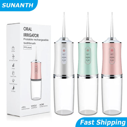 Oral Irrigator, Portable Dental Water Flosser, USB Rechargeable Water Jet Floss, Tooth Pick 4 Jet Tip 220ml 3 Modes