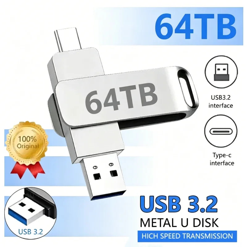 64TB USB 3.2 Flash Drives High-Speed Transfer Metal Pendrive Memory Card Pendrive Flash Disk Memoria Waterproof Stick 2026 New