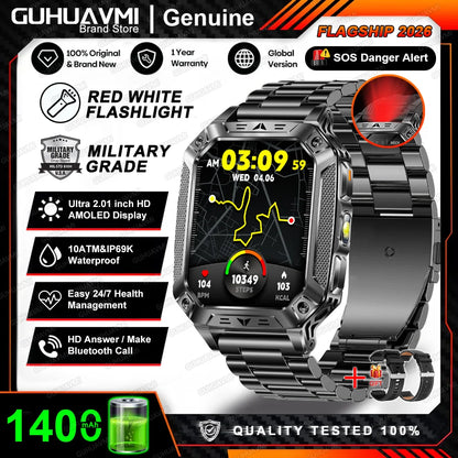 2026 New Built-in 1400mAh Super Large Battery Men Smart Watch Outdoor GPS 2.01"AMOLED Screen 10ATM Waterproof BT Call Smartwatch