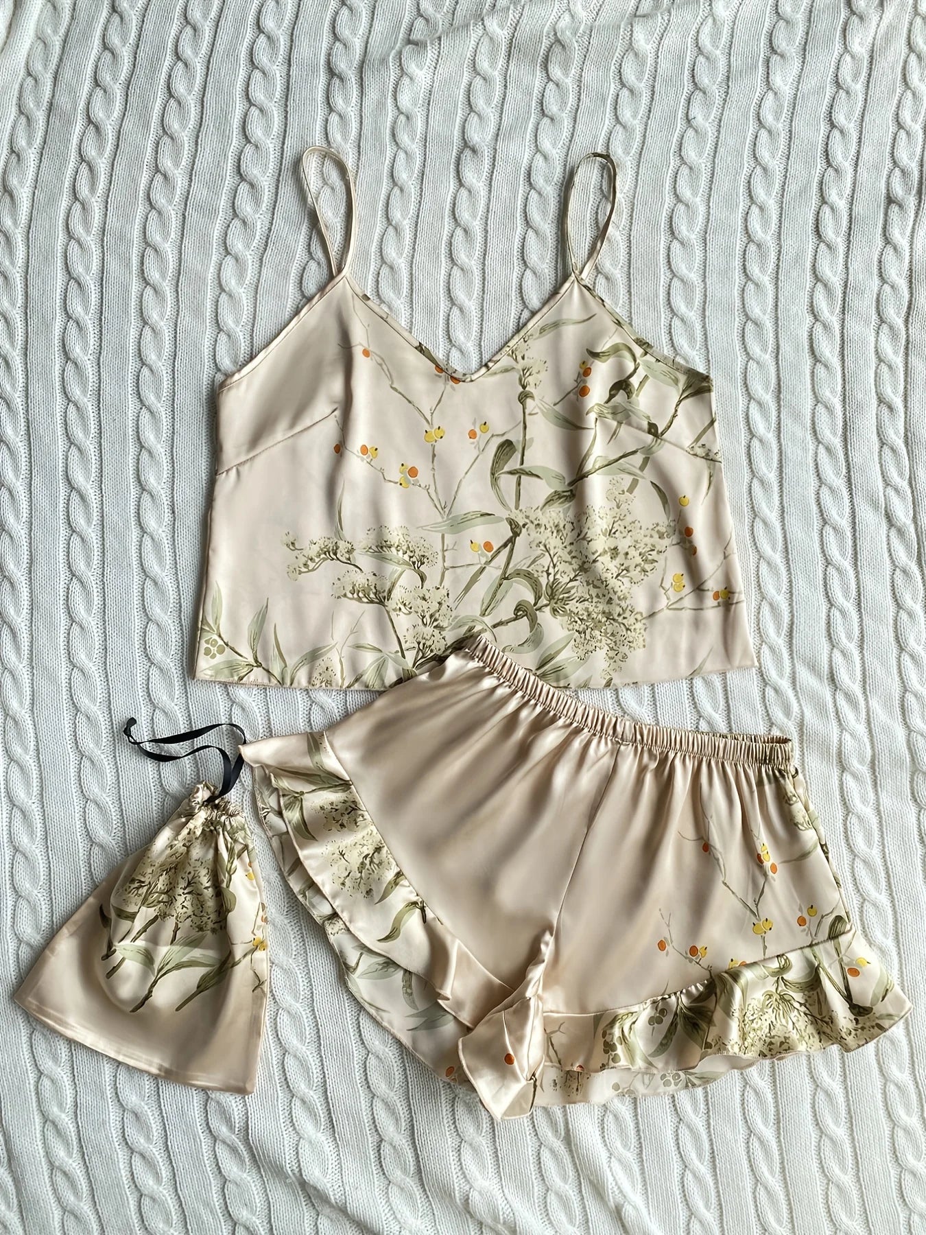 Elegant Floral Print Cami Tops Ruffle Hem Shorts Pajama Set, Women's Sleepwear, Loungewear