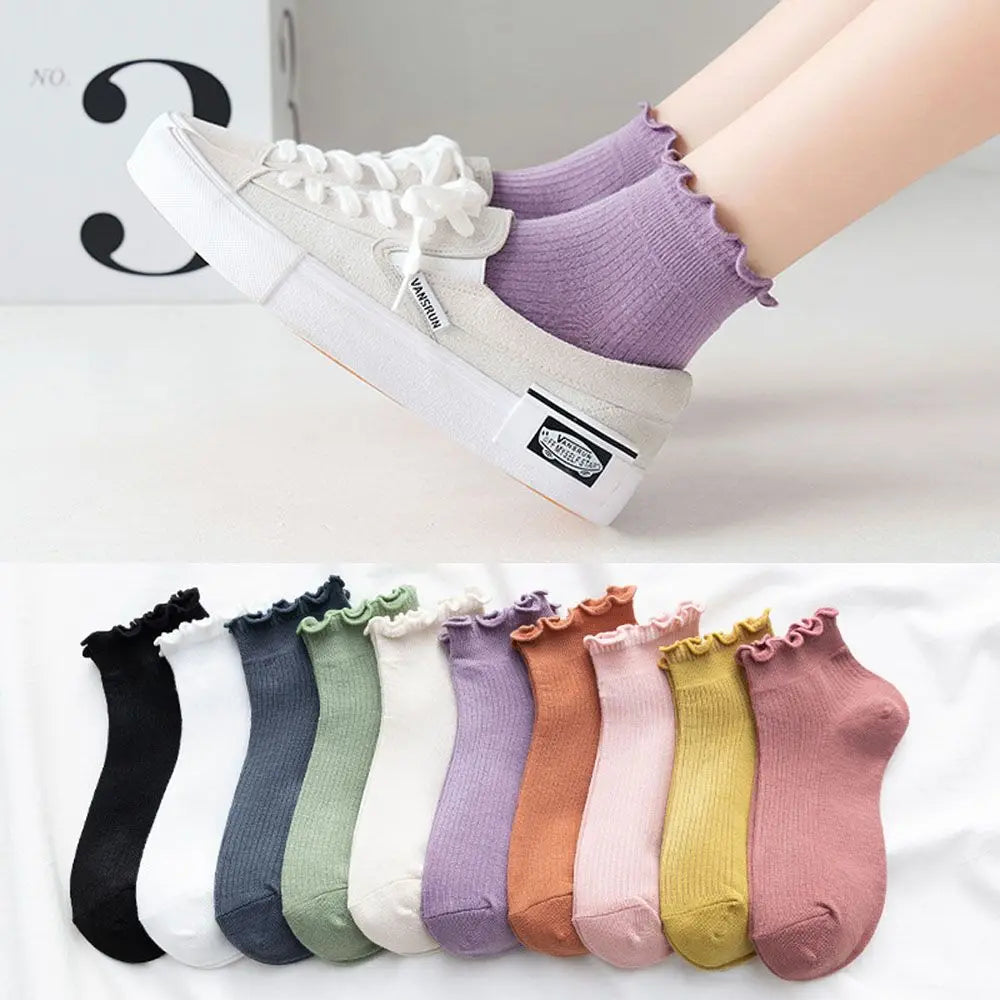 Cotton Women's Socks Frilly Ruffle Socks Spring Summer Casual Ankle Short Boat Socks Loose Knit Solid Color Mid-Calf Socks