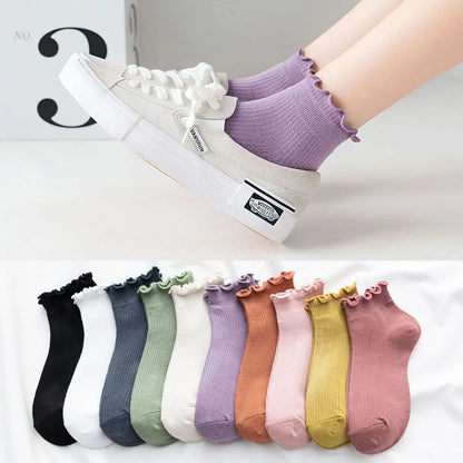 Cotton Women's Socks Frilly Ruffle Socks Spring Summer Casual Ankle Short Boat Socks Loose Knit Solid Color Mid-Calf Socks