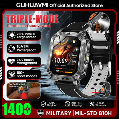 2026 New Military 1400mAh Battery Smart Watch LED Flashlight 10ATM Waterproof Heart Rate Voice Call Men 120+Sports Smart watchs