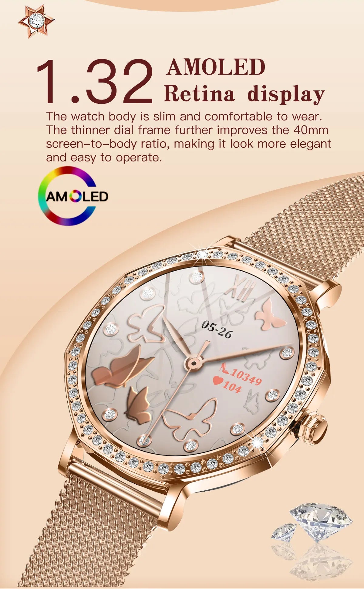 Luxury Women's Smartwatches Diamond Dial Fashion Smart Watch Heart Rate Monitor Sleep Tracking IP67 Waterproof For Android & IOS