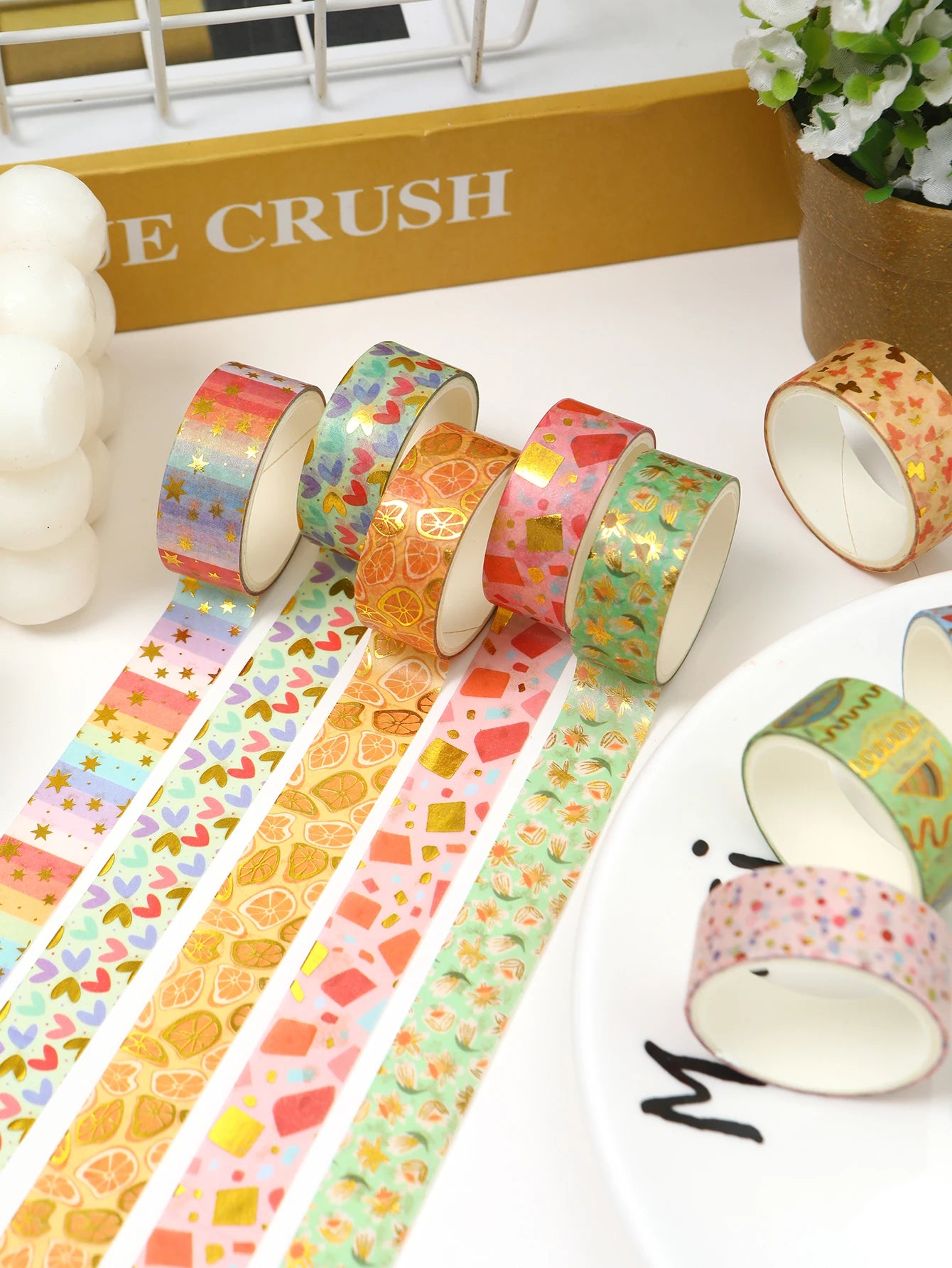Creative Floral Hot Foil Washi Tape Set, 12 Rolls Decorative Masking Tape for Scrapbooking, Journaling, DIY Gift Supplies