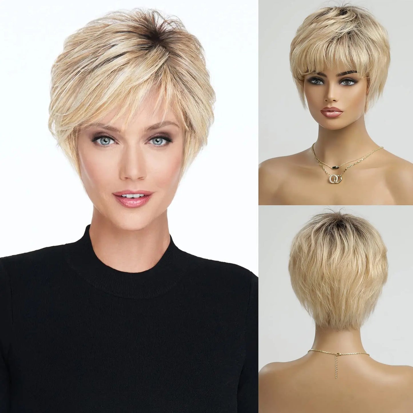 100% Remy Human Hair Wigs, Ombre Blonde Short Bob Pixie Cut Machine Made Wig with Bangs, Human Hair Natural Layered Wigs for Women