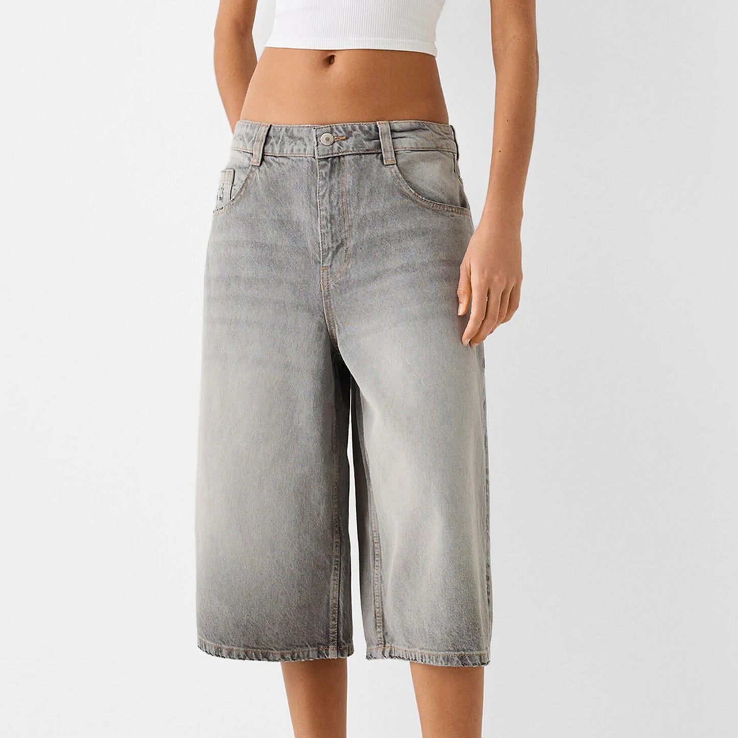 Women's Trendy Knee Length Denim Shorts, Low Waisted Stretchy Bermuda Jean Shorts, Baggy Cargo Jorts Y2K Vintage Streetwear