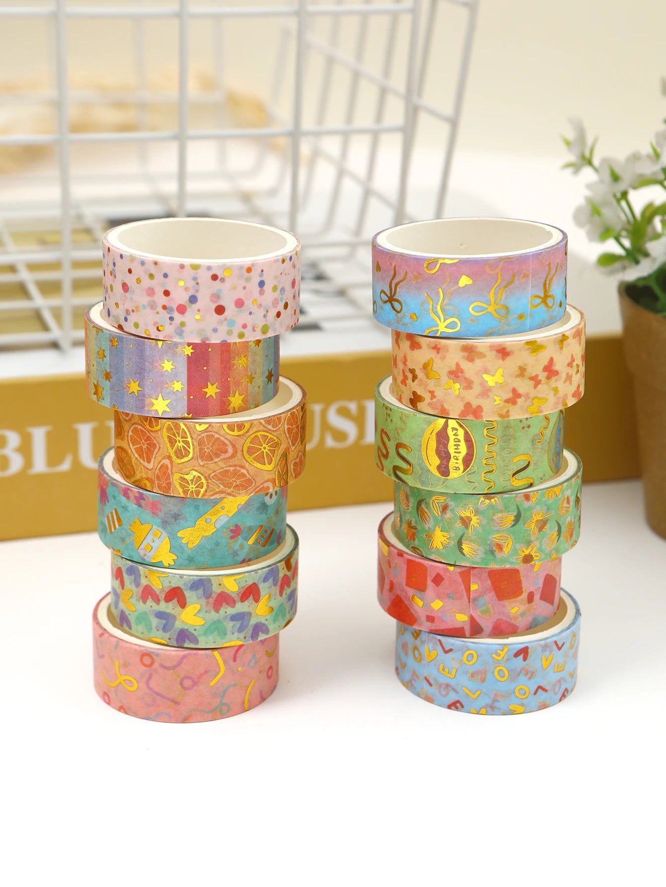 Creative Floral Hot Foil Washi Tape Set, 12 Rolls Decorative Masking Tape for Scrapbooking, Journaling, DIY Gift Supplies
