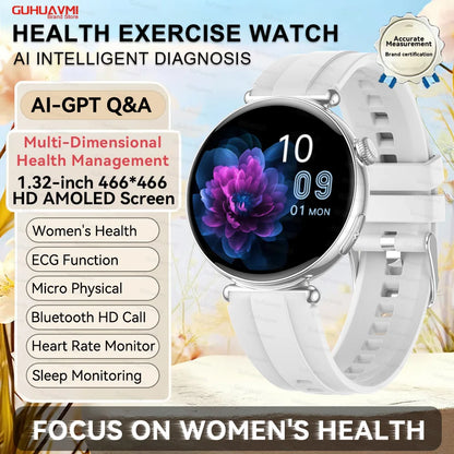 1.32''AMOLED Screen Women Smartwatch Call ECG Sport Watch Blood Pressure Micro Physical Examination DIY Dial Smart Watches Woman