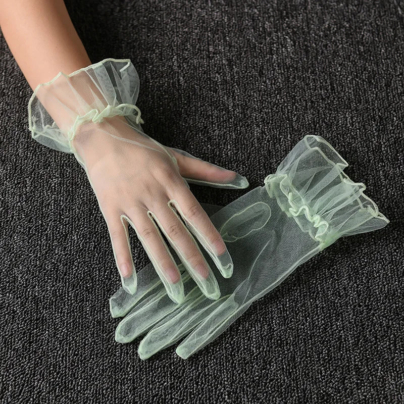 Retro Spring Summer Women Short Tulle Gloves White Black Wedding Gloves Stretchy Lace Full Finger Mittens Mesh Translucent Glove