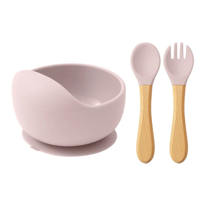 Mamaplan 3PCS Baby Silicone Feeding Set Toddler Suction Bowl Feeding Training Spoon Fork Baby Dishes Plate Baby Accessories